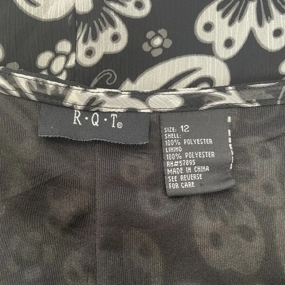 Y2K Midi Skirt Size 12 Black Gray Floral Boho Flare Chiffon Fairy Whimsigoth Vtg